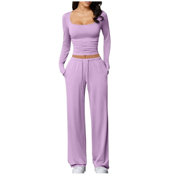Efsteb Women's 2 Piece Outfits Long Sleeve Square Neck Crop Tops Wide Leg Tracksuits Casual Work out Set (Purple,L)