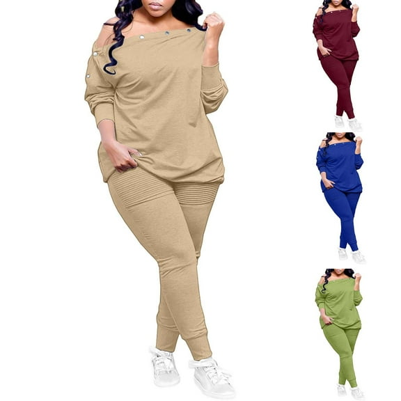 Efsteb Women's 2 Piece Set Fall Matching Sets Long Sleeve Off One Shoulder Top Long Pants Casual Soft Outfits (Army Green,L)