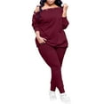 thumbnail image 1 of Efsteb Women's 2 Piece Set Fall Matching Sets Long Sleeve Off One Shoulder Top Long Pants Casual Soft Outfits (Wine,M), 1 of 7