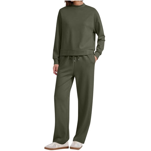 Efsteb Women's 2 Piece Sets Sweatshirt Casual Crewneck Long Sleeve Tops Travel Outfits Loose Wide Leg Tracksuit Comfy Sweatsuits (Army Green,S)