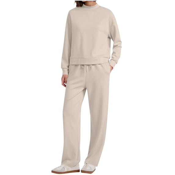 Efsteb Women's 2 Piece Sets Sweatshirt Casual Crewneck Long Sleeve Tops Travel Outfits Loose Wide Leg Tracksuit Comfy Sweatsuits (Beige,L)