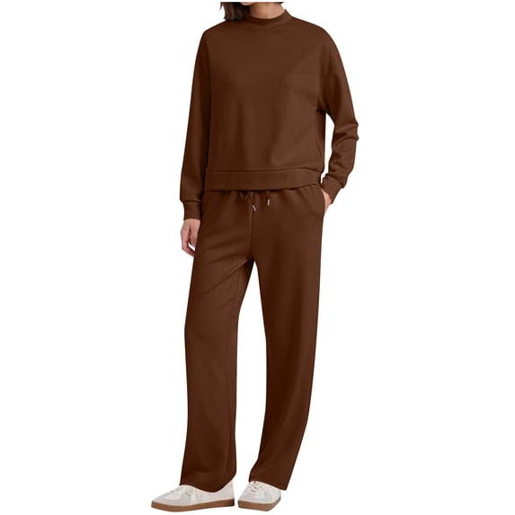 Efsteb Women's 2 Piece Sets Sweatshirt Casual Crewneck Long Sleeve Tops Travel Outfits Loose Wide Leg Tracksuit Comfy Sweatsuits (Coffee,L)
