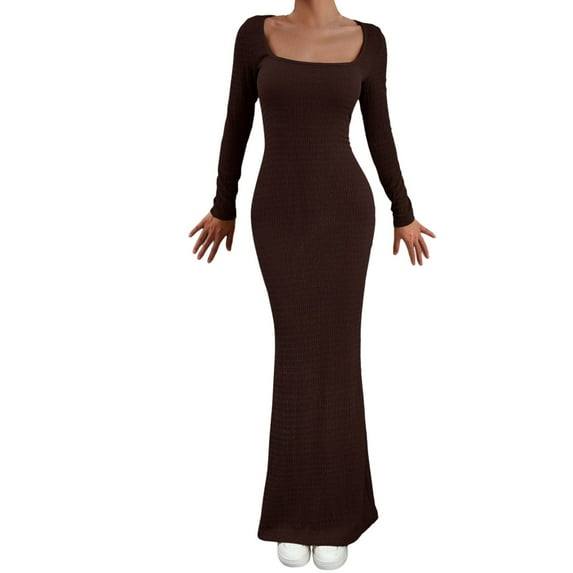 Efsteb Women's 2025 Fall Long Sleeve Square Neck Bodycon Maxi Dresses Solid Color Elegant Hip Hugging Dress (Brown,M)