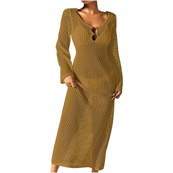 Efsteb Women's Beach Crochet Maxi Dress Summer Knit Hollow Out Long Sleeve Cover Ups Mesh Bathing Suit Vacation Swimwear (Coffee,L)