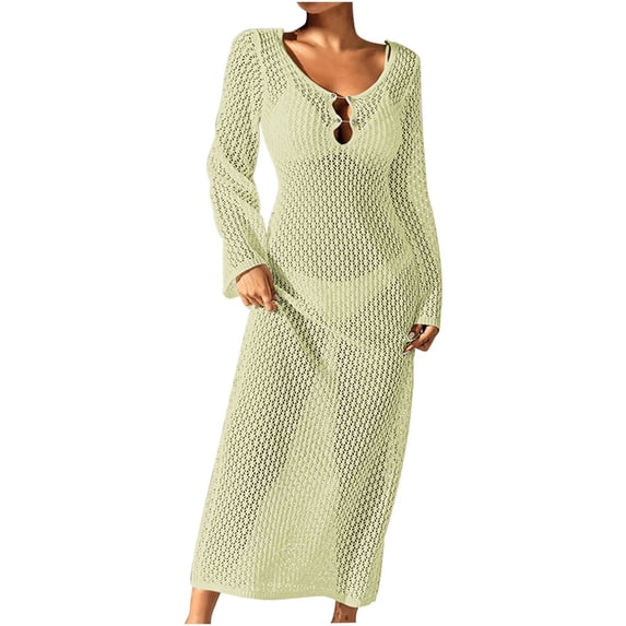 Efsteb Women's Beach Crochet Maxi Dress Summer Knit Hollow Out Long Sleeve Cover Ups Mesh Bathing Suit Vacation Swimwear (Green,L)