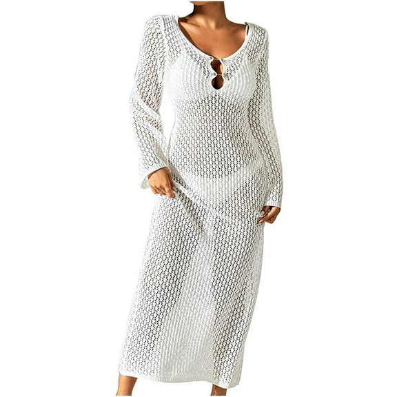 Efsteb Women's Beach Crochet Maxi Dress Summer Knit Hollow Out Long Sleeve Cover Ups Mesh Bathing Suit Vacation Swimwear (White,S)