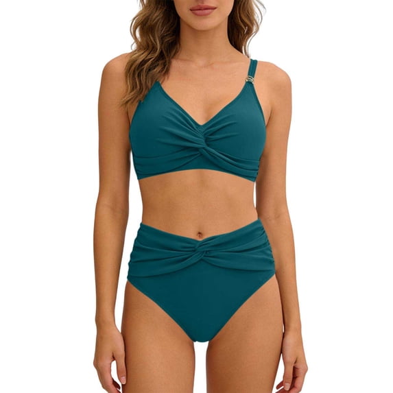 Efsteb Women's Bikini Sets Swimwear Bikini High-Waisted Solid Color Summer Beachwear Ruched Two Piece Bathing Suit Surfing (Navy,M)
