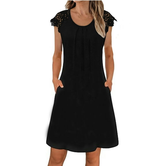 Efsteb Women's Casual Summer T Shirt Dress Beach Vacation Solid Color Lace Sleeveless Flowy Pleated Mini Sundress (Black,M)