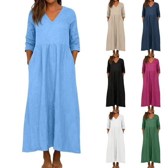 Efsteb Women's Clothing Dresses Casual 3/4 Sleeve V Neck Maxi Dresses Loose Fit Solid Color Long Dress (Army Green,L)