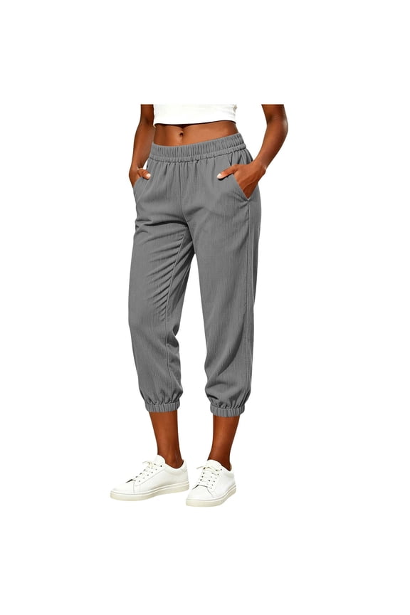 Women's Corduroy Waist Elastic Jogger Capri Pants Elastic Ankle Cuff Pocket Cropped Trousers Soft Casual Summer Daily Walking Bottoms (Gray,S)