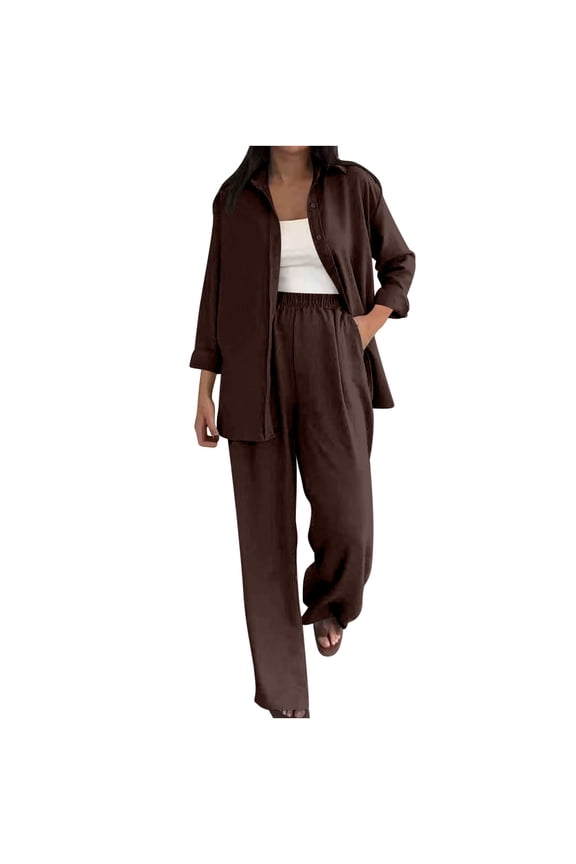 Women's Cotton Linen Two Piece Outfits Long Sleeve Loose Button Lapel Shirt and Wide Leg Pants 2 Piece Outfits with Pockets (Coffee,S)