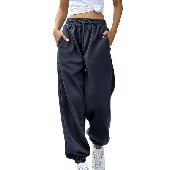 Efsteb Women's Drawstring High Waisted Sweatpants Classic Solid Color Athletic Baggy Lounge Jogger Sweatpants Yoga Pant with Pockets (Navy,XL)