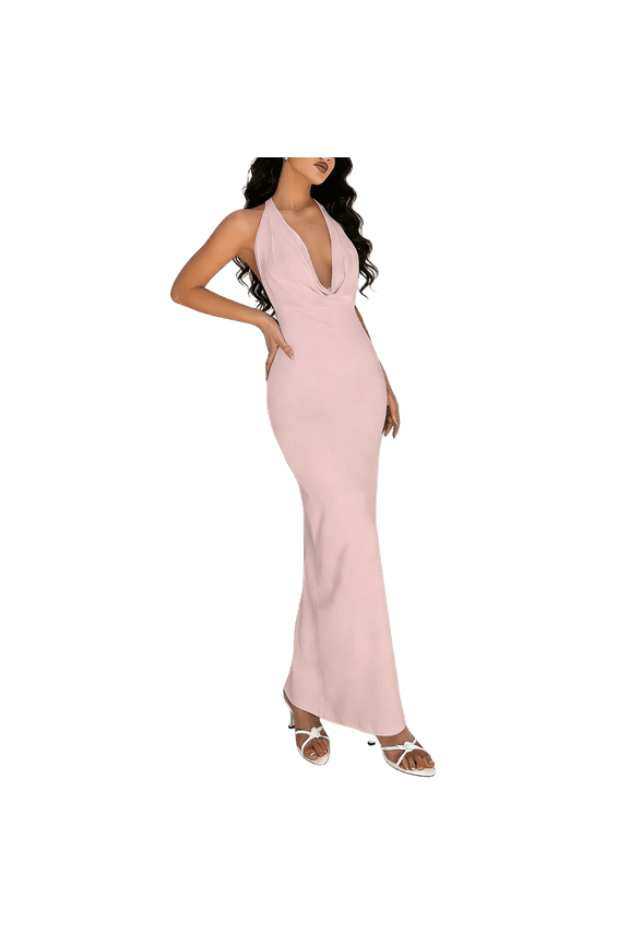 Women's Dresses Halter V-Neck Mermaids Maxi Dress Slim Wrap Long Dresses Form-Fitting Evening Party Dress (Pink,S)