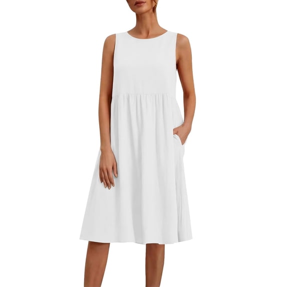 Efsteb Women's Dresses Sleeveless Round Neck A-Line Midi Dress Solid Color Casual Loose Dress with Side Pockets (White,L)