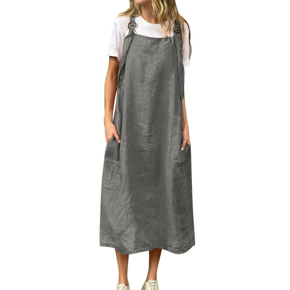 Efsteb Women's Dresses Solid Color Square Neck Sleeveless Casual Dresses Adjustable Strappy Dress Beach Dresses with Pockets (Gray,M)