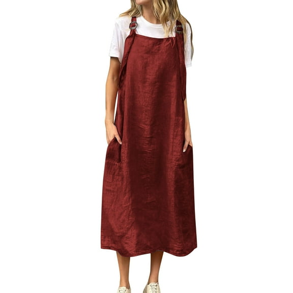 Efsteb Women's Dresses Solid Color Square Neck Sleeveless Casual Dresses Adjustable Strappy Dress Beach Dresses with Pockets (Wine,XXL)