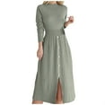 thumbnail image 1 of Efsteb Women's Elegant Knitted Long Dress Fall Crew Neck Long Sleeve Button Pleated Split Hem A Line Sweater Midi Dress (Green,M), 1 of 5