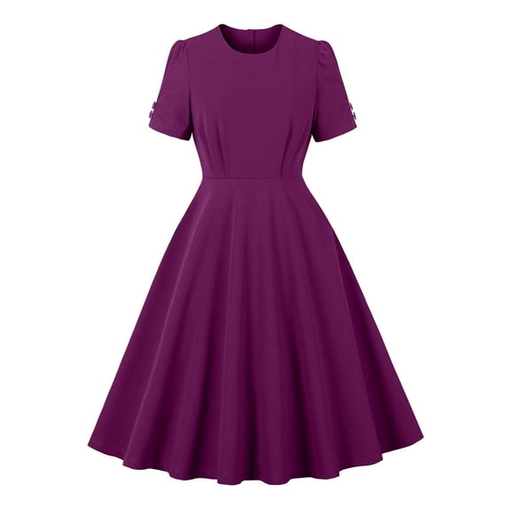 Efsteb Women's Elegant Vintage Dresses Round Neck Short Sleeve Dress Casual Solid Color Work Party A-Line Dress (Purple,XL)