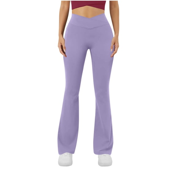 Efsteb Women's Flare Leggings with Pockets Crossover High Waisted Bootcut Yoga Pants Soft Gym Workout Bell Bottom Leggings (Purple,S)