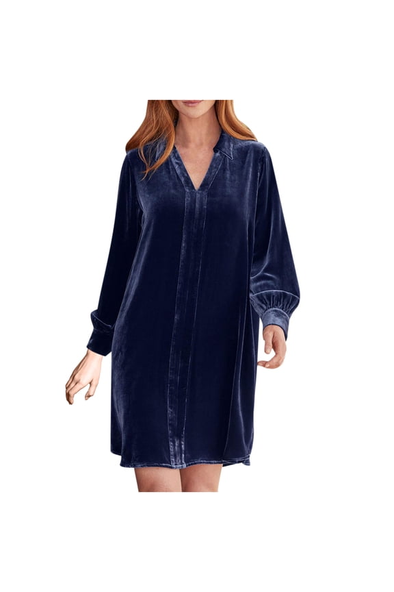 Women's Formal Dresses Midi Comfortable Fall Solid Color Long Sleeve Dresses V-neck Velvet Lace Stitching Evening Dress Formal Mini Dress Blue M