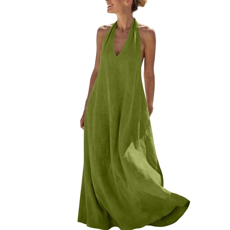 green dress for beach wedding Efsteb Women's Halter Neck Deep V-Neck Flowy Maxi Sleeveless Floor Length Long Dress Summer Guest (Green,M), Size: Medium stretch_minimal-stretch