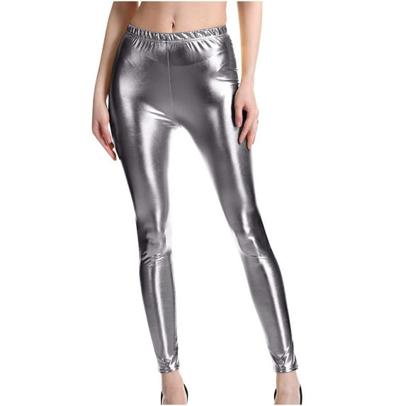 Efsteb Women's Leggings Fashion Elegant Leggings Elasticity High Waist Shiny Leather Skinny Pants (Gray,M)