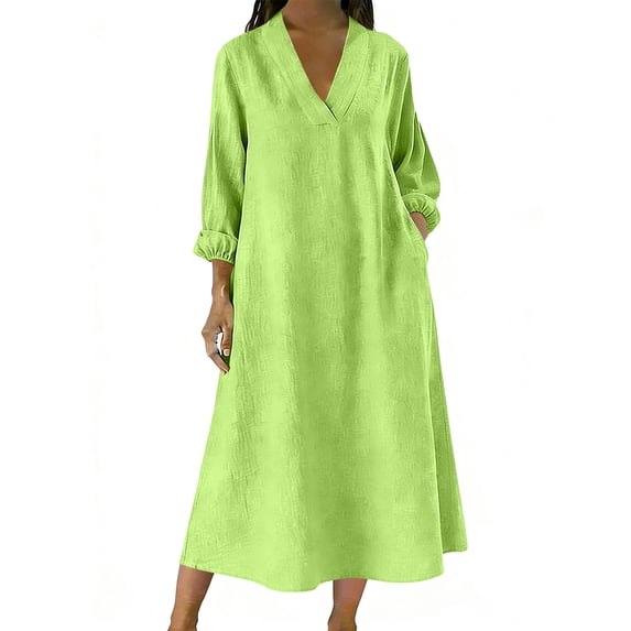 Efsteb Women's Lightweight Cotton Linen Summer Dresses Plus Size V-Neck Maxi Dress 3/4 Sleeve Casual Loose Flowy Dress with Side Pockets (Green,XL)