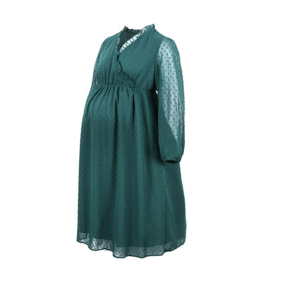 Efsteb Women's Long Sleeve Maternity Dress Stretchy Casual Maternity Clothes V-Neck Lace Temperament Elegant Dress Pregnancy Comfy Solid Color(Green,M)