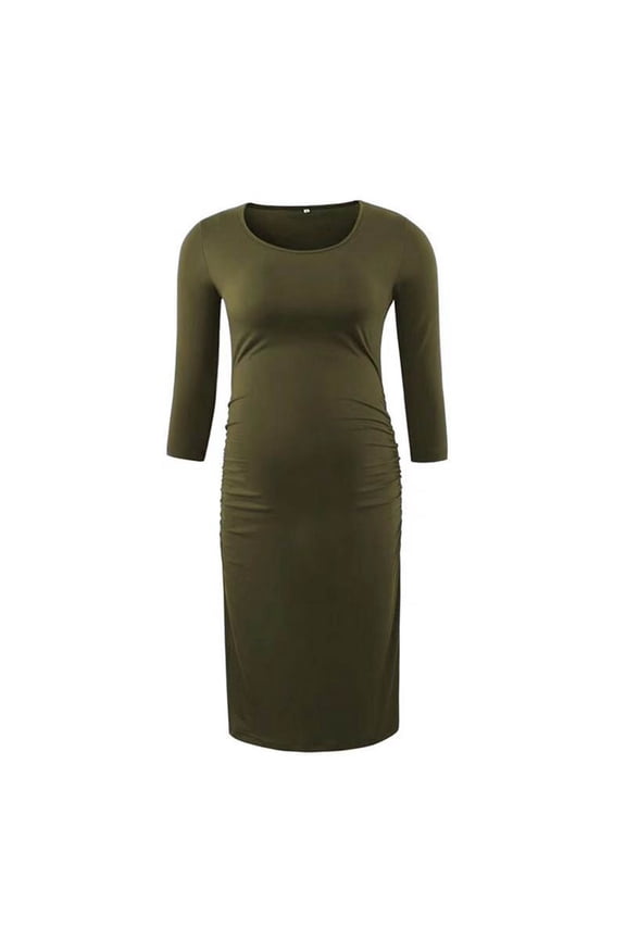 Women's Long Sleeve Maternity Dresses Solid Color Round Neck Bodycon Pregnancy Dresses Casual Photoshoot Maternity Dresses（Army Green,XL）