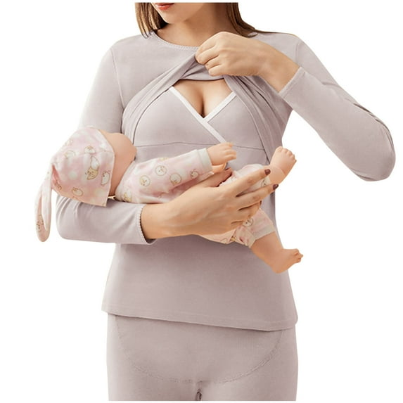 Efsteb Women's Long Sleeve Nursing Tops Solid Color Round Neck Thermal Underwear Breastfeeding Tops Pregnancy Blouses (Gray,L)