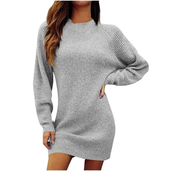 Efsteb Women's Long Sleeve Sweater Dresses Crewneck Casual Knitted Sweater Dress Trendy Fall Pullover Sweater Dress (Gray,M)