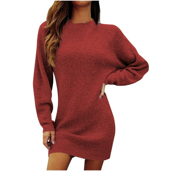 Efsteb Women's Long Sleeve Sweater Dresses Crewneck Casual Knitted Sweater Dress Trendy Fall Pullover Sweater Dress (Wine,M)