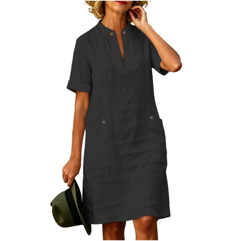 black midi dress for work Efsteb Women's Mandarin Collar Short Sleeve with Pockets Casual Loose Dress Summer Daily Office (Black,M) Size:38R Wedding Dress Gold Coast daily wear Velvet High Slit Dress