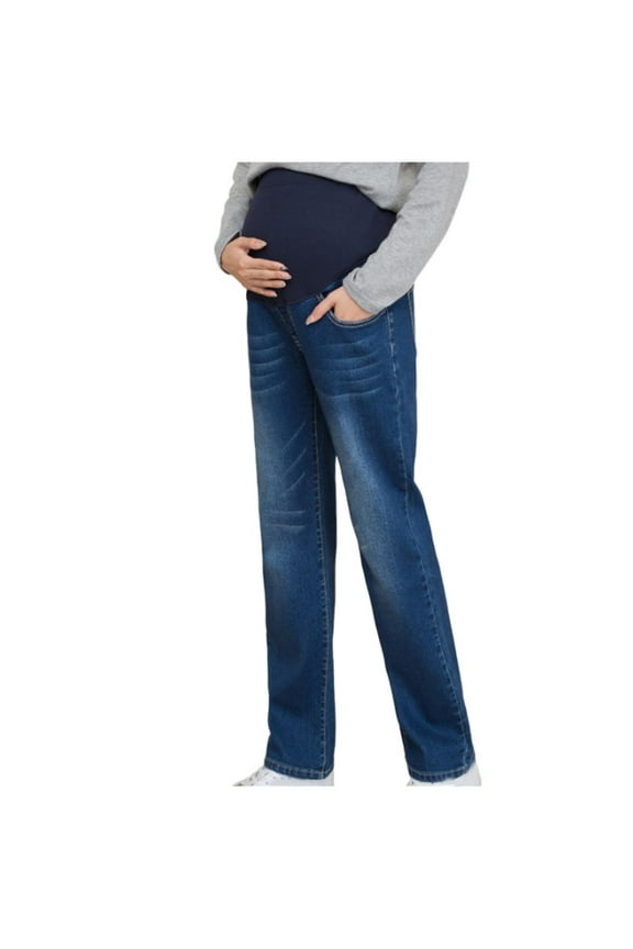 Women's Maternity Jeans Straight Leg Relaxed Fit Over Belly Pregnancy Denim Pants Casual Work Pants Maternity Clothes with Pockets (Blue,L)