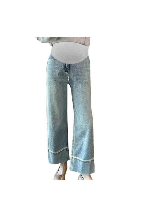 Women's Maternity Jeans Wide Leg Pants Casual Pregnancy Baggy Pant Fashion Loose Over Belly with Pockets (Blue,L)