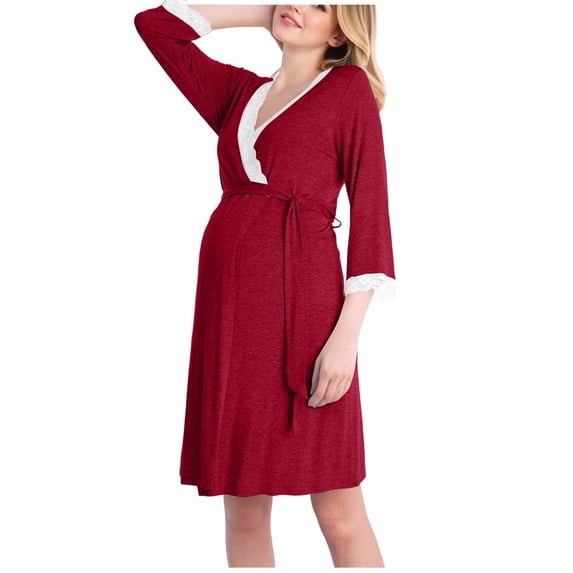 Efsteb Women's Maternity Nursing Robe Casual 3/4 Sleeve Wrap Front Gown with Lace , Labor , Delivery Loungewear ,Wine,Medium