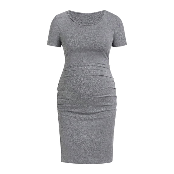 Efsteb Women's Maternity Ruched Bodycon Dress Summer Short Sleeve Form-Fitting Pregnancy Dress Stretchy Knit for Work , Casual ,Gray,L
