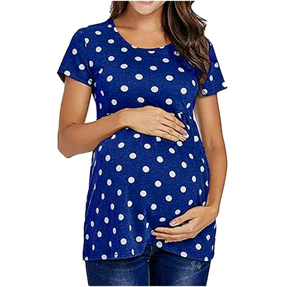 Efsteb Women's Maternity Shirts Casual Fashion Round Neck Polka Dots Maternity Tops Short Sleeve Pregnancy Tee Shirts (Blue,XL)