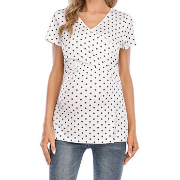 Efsteb Women's Maternity Shirts Summer Fashion Short Sleeve V Neck Polka Dots Maternity Tops Pregnancy Tee Shirts Blouses (White,L)