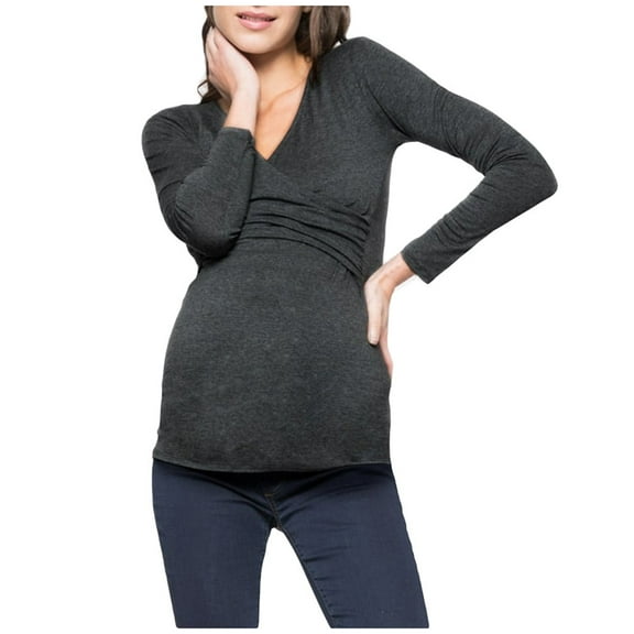 Efsteb Women's Maternity Shirts V Neck Maternity T Shirts Solid Color Long Sleeve Pregnancy Tee Shirts (Dark Gray,S)