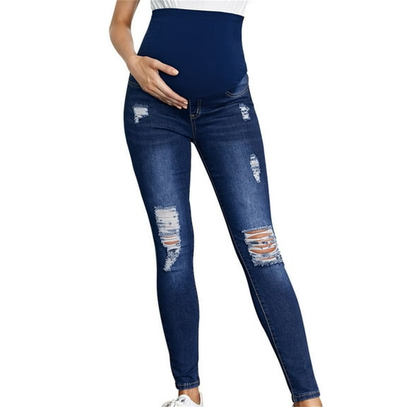 Efsteb Women's Maternity Skinny Jeans Over The Belly Casual Slim Ripped Denim Pants Slim Pregnancy Pants (Blue,M)
