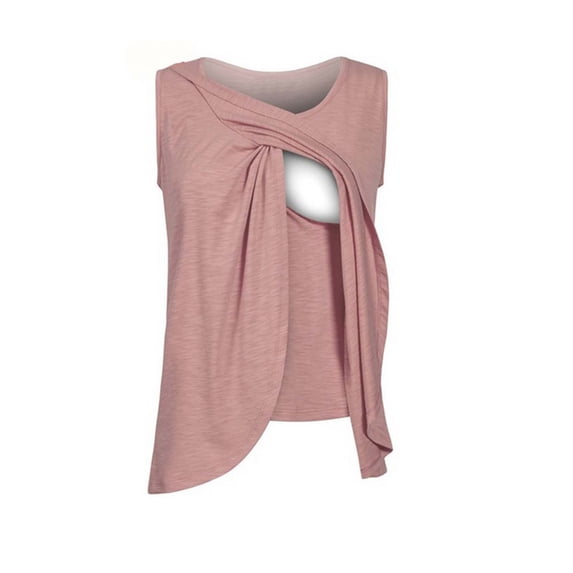 Efsteb Women's Maternity Tank Tops Casual Solid Color Round Neck Sleeveless Nursing Tops Workout Athletic Yoga Tops Breastfeeding Pregnancy T-Shirt (Pink,XL)
