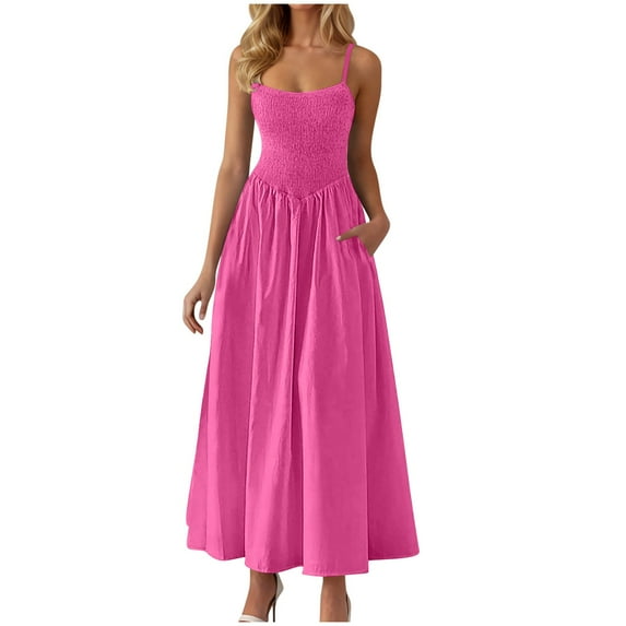 Efsteb Women's Maxi Dresses Summer Spaghetti Strap Sping Dress Casual Solid Color Beach Sundress Pleated Long Dress (Hot Pink,M)