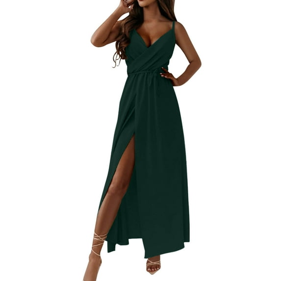 Efsteb Women's Maxi Dresses Summer Spaghetti Strap Wrap V-Neck Formal Dresses Ruched Bridesmaid Wedding Guest Maxi Dress Cocktail Gown (Green,M)