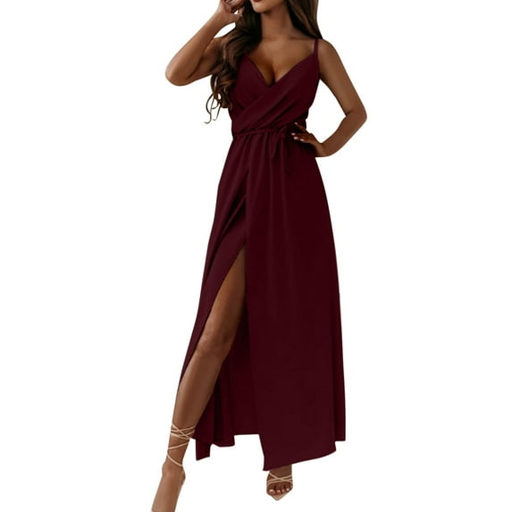 Efsteb Women's Maxi Dresses Summer Spaghetti Strap Wrap V-Neck Formal Dresses Ruched Bridesmaid Wedding Guest Maxi Dress Cocktail Gown (Wine,XL)