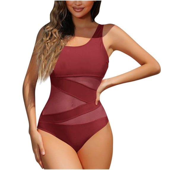 Efsteb Women's Mesh Swimsuits Fashion Slim Bathing Suit Push Up Swim Suit Beach Swimwear (Red,S)