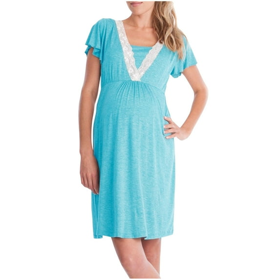 Efsteb Women's Nursing Dress Maternity Dress Round Neck Pleated Comfy Short Sleeve Casual Maternity Clothes Stretchy Pregnancy Solid Color(Light Blue,S)