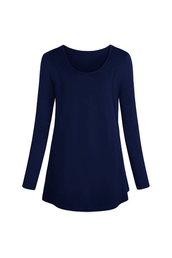 Women's Nursing Tops Long Sleeve Maternity Shirt Solid Color Crew Neck Breastfeeding Shirts Fall Pregnancy Tee Shirts (Navy,S)