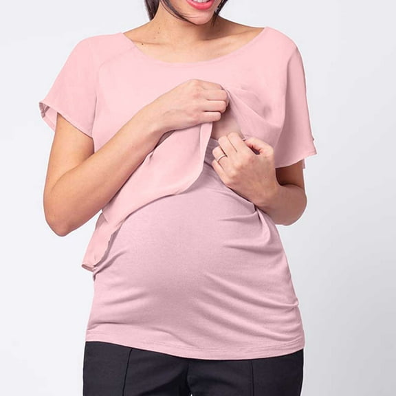 Efsteb Women's Nursing Tops Solid Color Round Neck Maternity Shirt Casual Short Sleeve Pregnancy Maternity-Clothes (Pink,L)