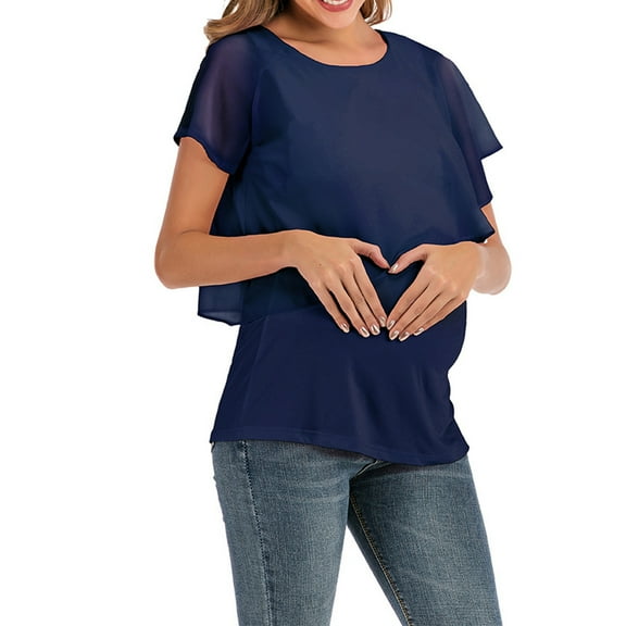 Efsteb Women's Nursing Tops Summer Short Sleeve Tops Casual Round Neck Ruffle reastfeeding Shirts Casual Solid Color Pregnancy T Shirts (Dark Blue,XL)